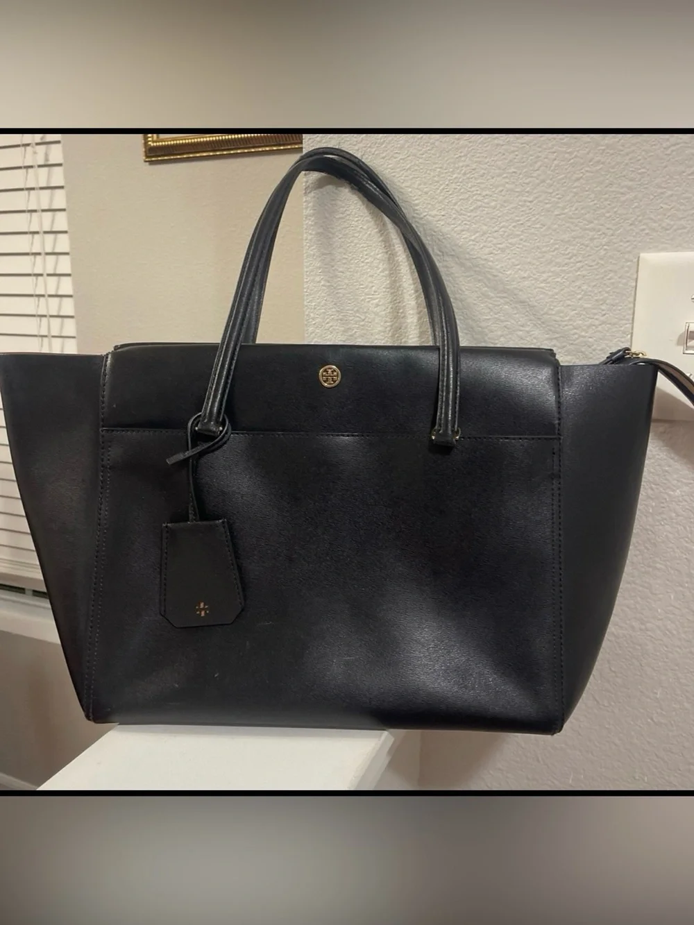 Tory Burch Parker Black Leather Tote Handbag Large